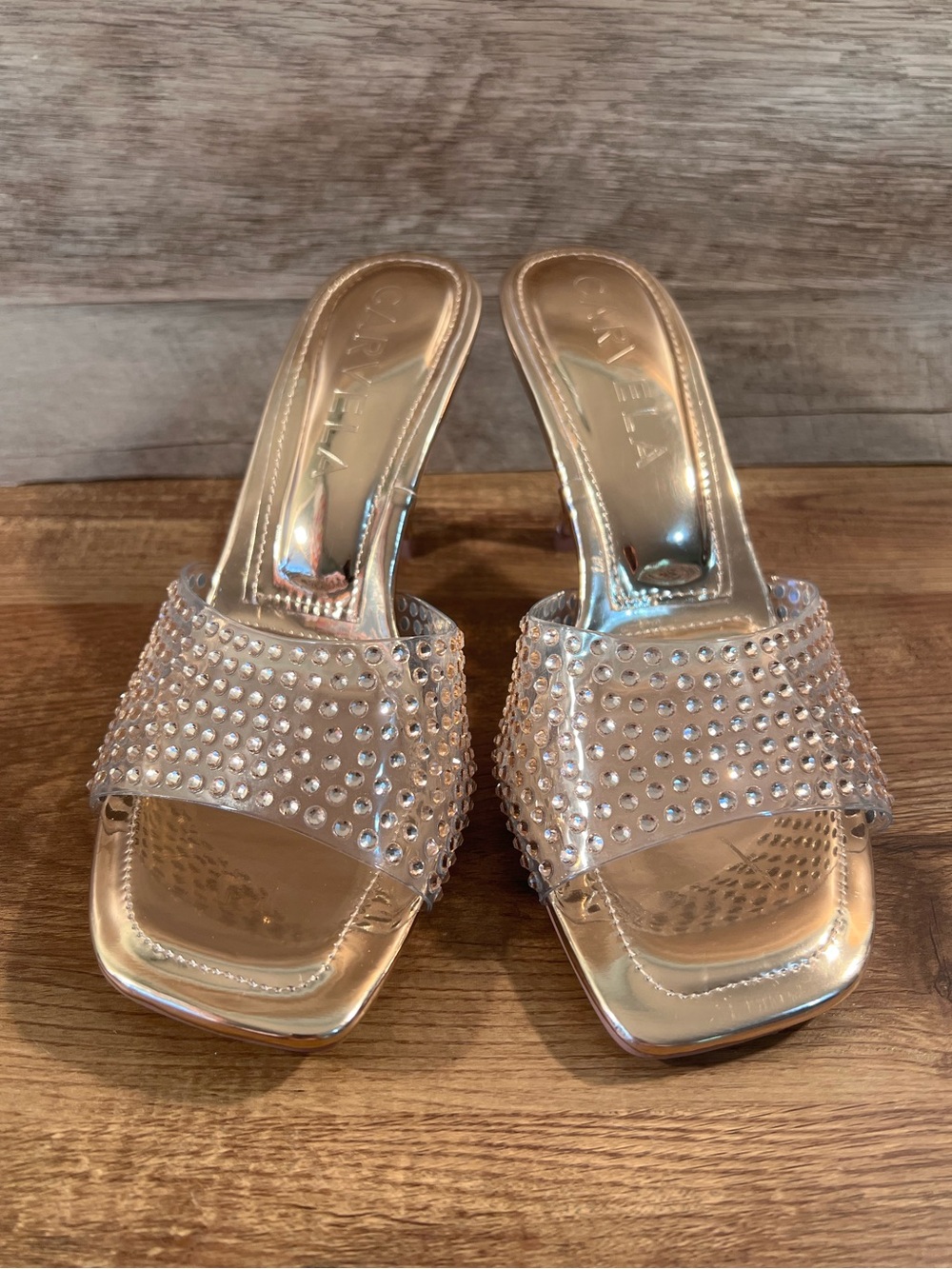 Carvela Shimmer Gold Jewelled Vinyl Mule Heels - Size 39
